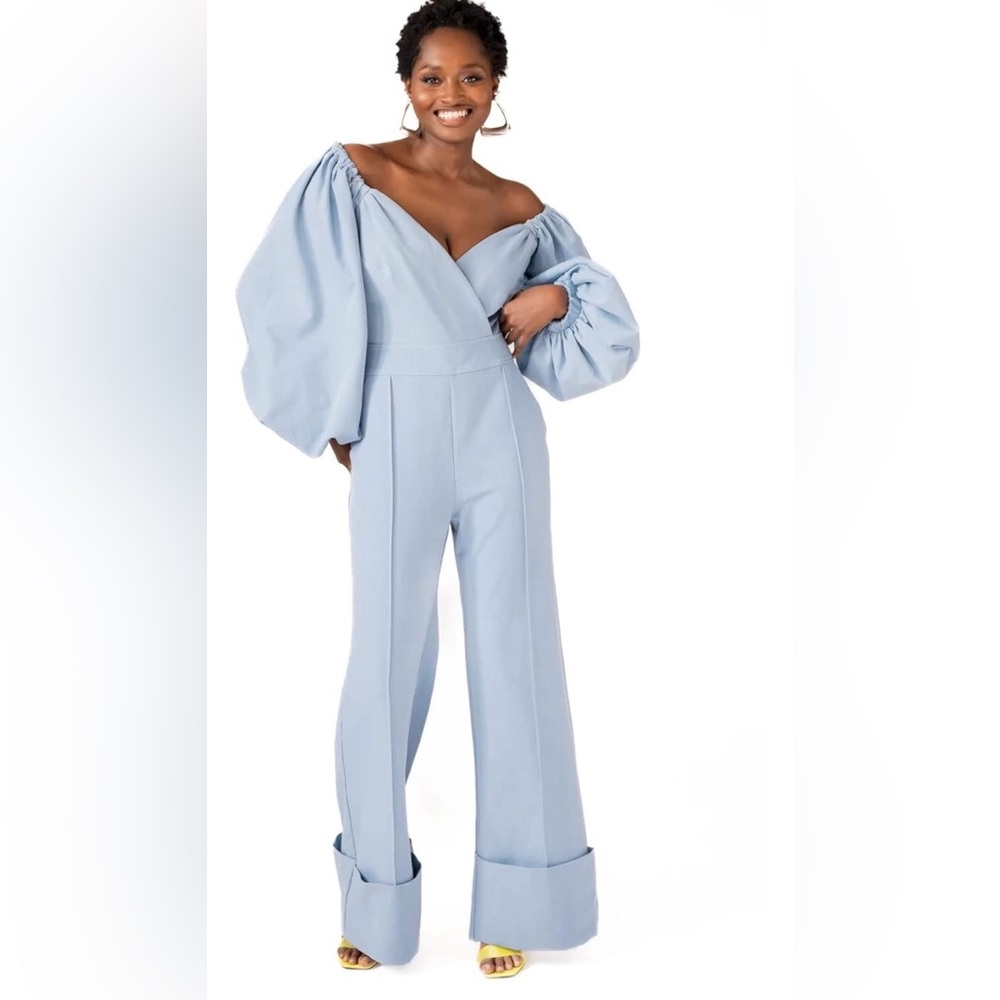 Pantora Darby Denim Jumpsuit For Women Elegant Light Blue Off-Shoulder Jumpsuit